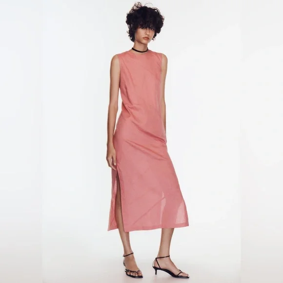 NWT Zara Pink Linen Blend Midi Dress Sz Small Side Slits Boho Chic - Picture 2 of 16